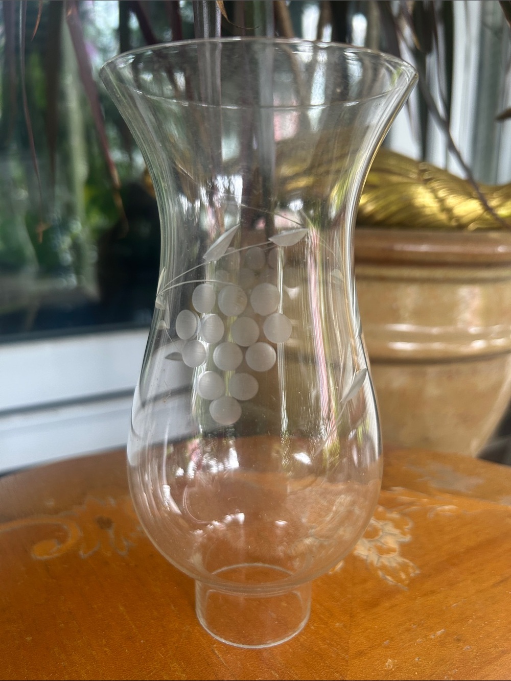 Vintage Clear Etched Glass Hurricane Vase with Grape Motif - - Picture 3 of 9